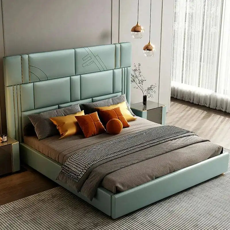 Sage Green Bed with Gold Accents - Modern Bedroom Luxury