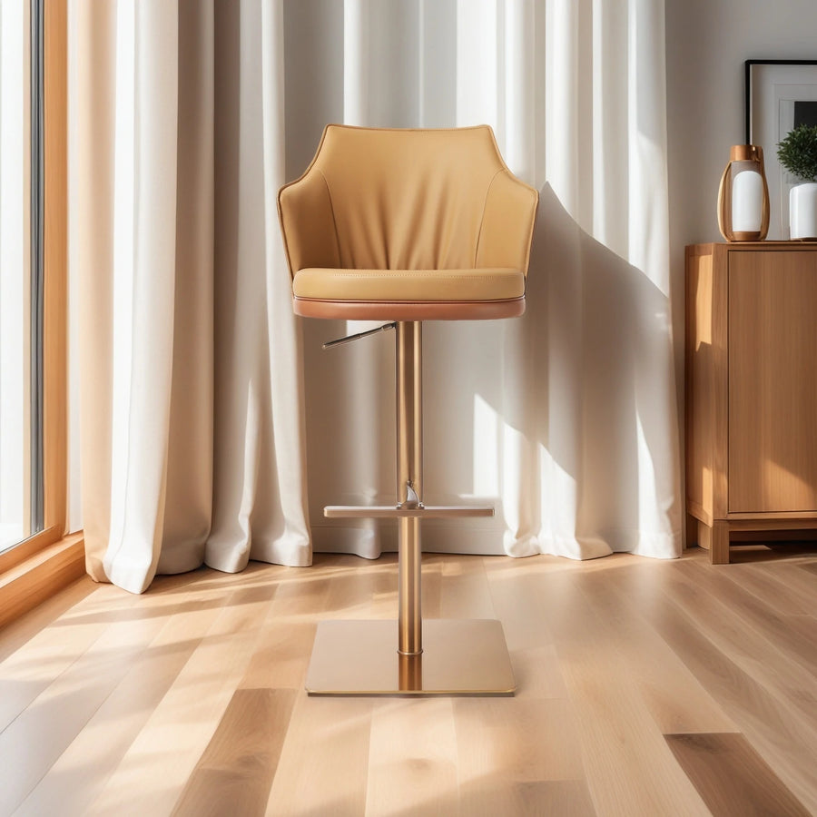 Caramel Leather Bar Stool – Adjustable Height Gold Base