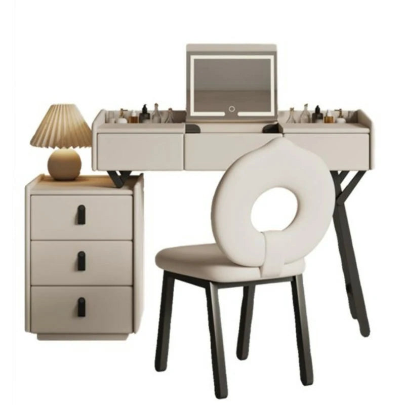 Modern Vanity Desk with Foldable LED Mirror, Upholstered Chair & Extendable Storage Design