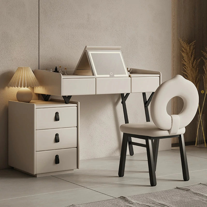 Modern Vanity Desk with Foldable LED Mirror, Upholstered Chair & Extendable Storage Design