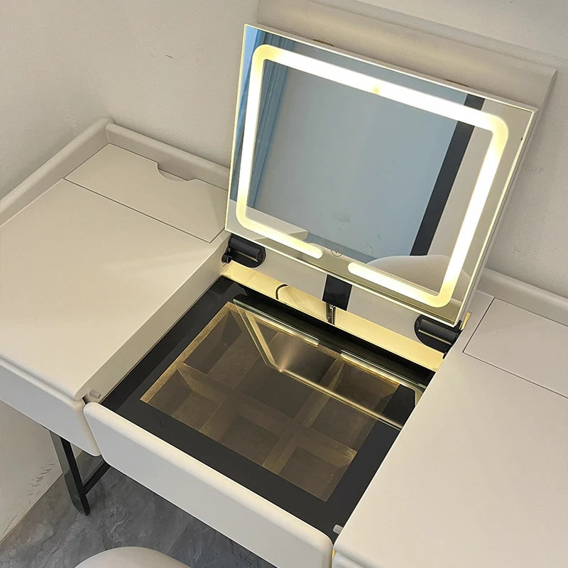 Modern Vanity Desk with Foldable LED Mirror, Upholstered Chair & Extendable Storage Design