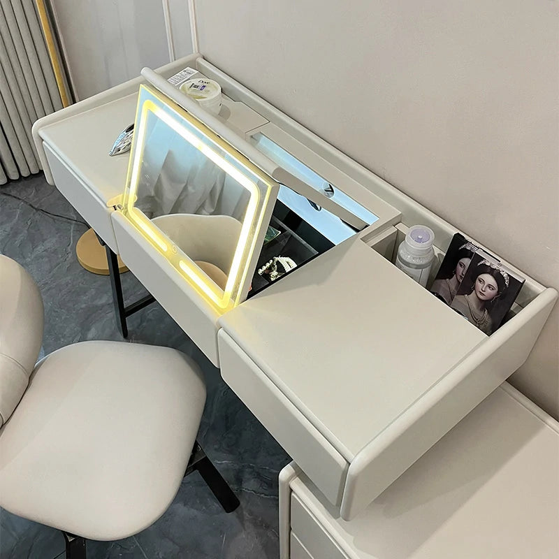 Modern Vanity Desk with Foldable LED Mirror, Upholstered Chair & Extendable Storage Design
