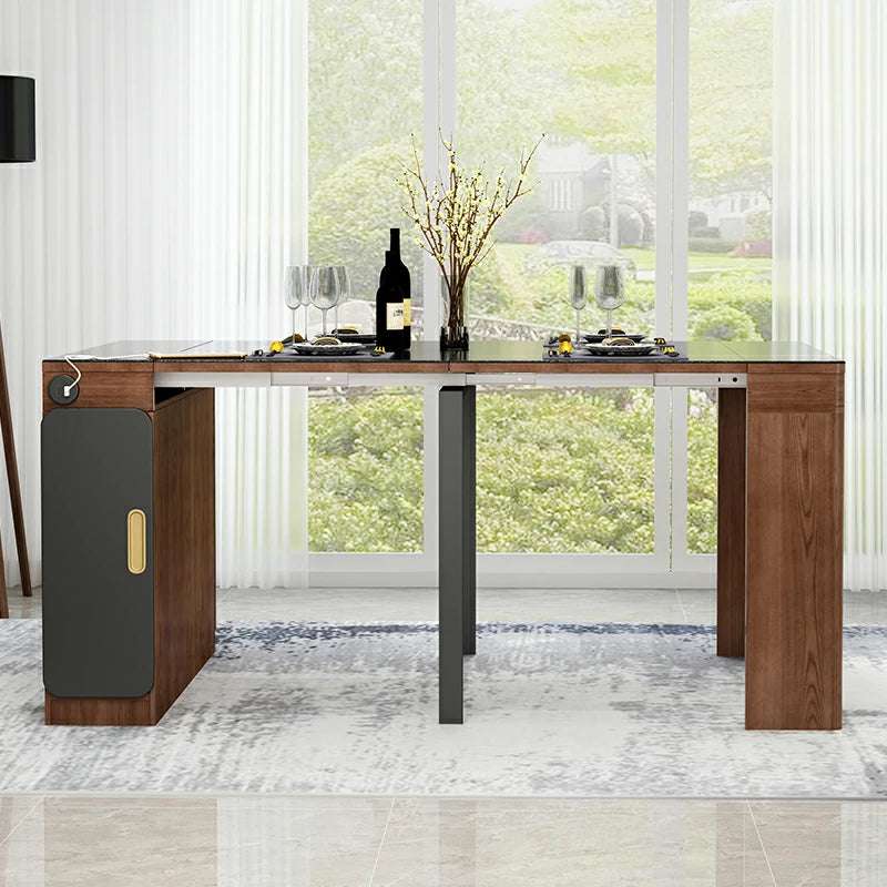Extendable Stone Top Dining Table with Wood Base – Space Saving
