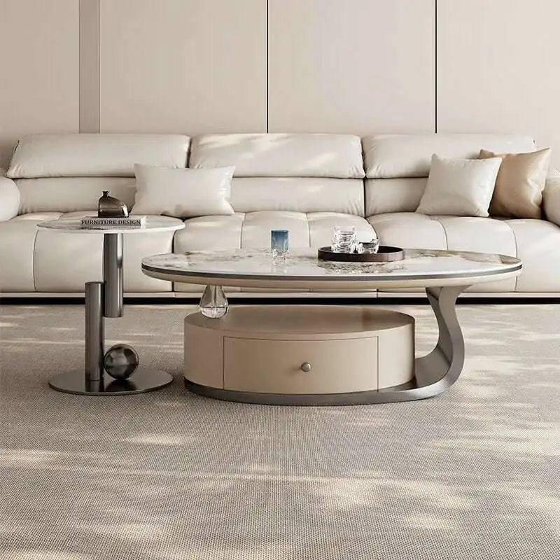 Oval Marble Coffee Table Set | Modern Living Room Furniture