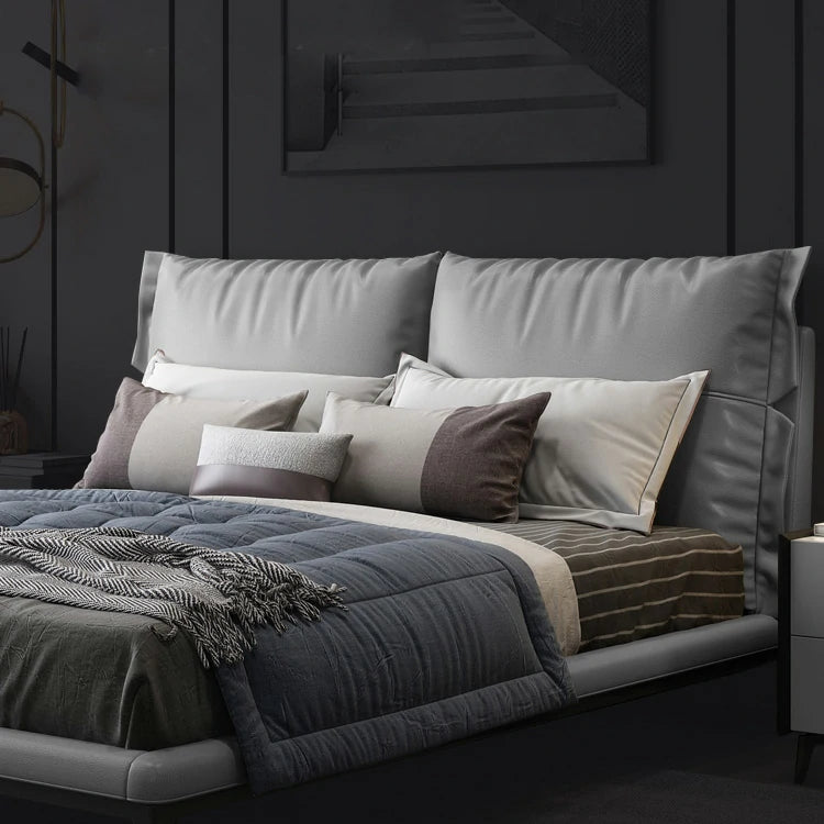 Gray Faux Leather Platform Bed with Headboard