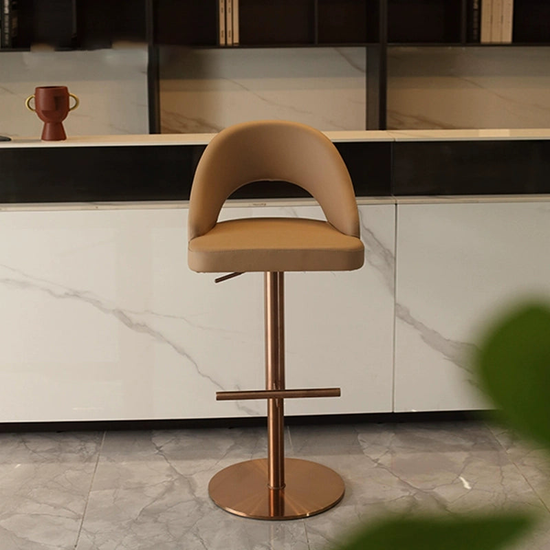 Caramel Leather Bar Stool - Adjustable Height, Gold Base