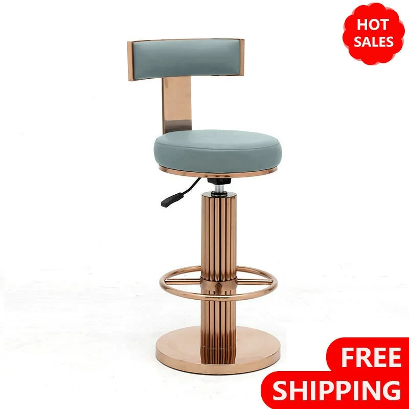 Rose Gold Bar Stool | Blue Faux Leather Seat
