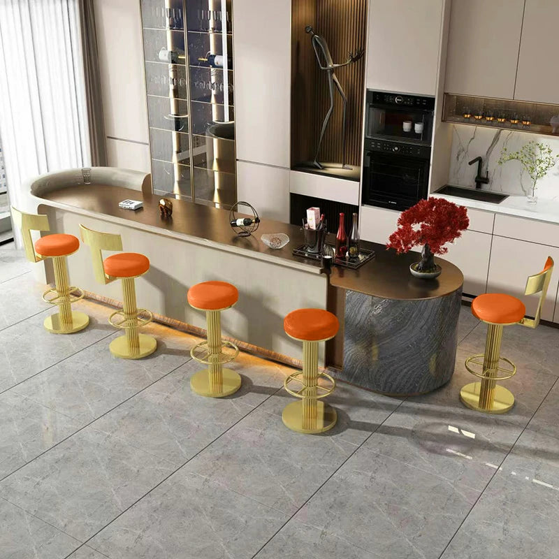 Gold Bar Stool with Orange Leather | Adjustable Height