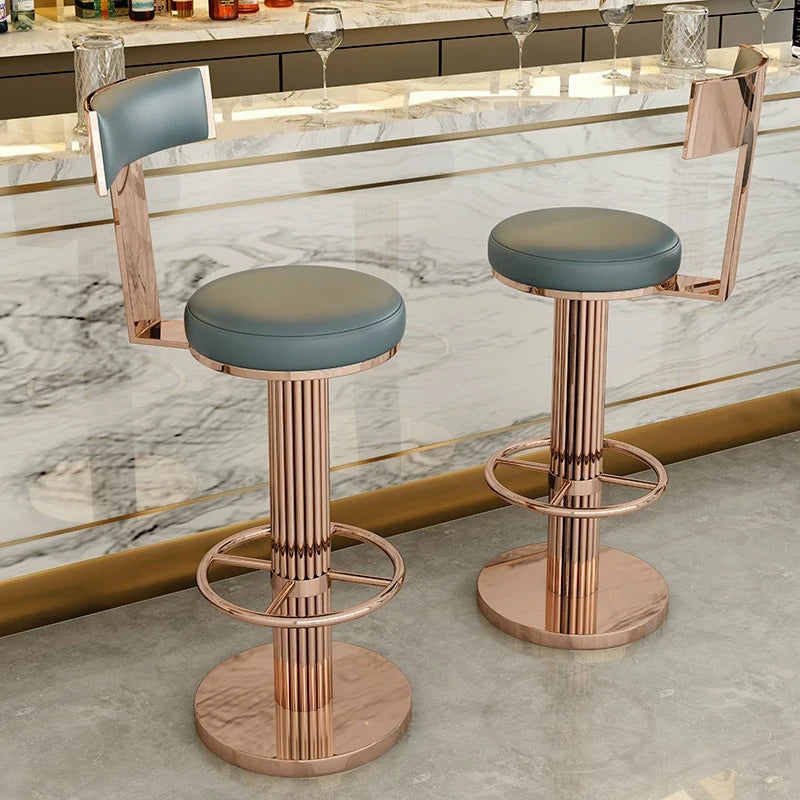 Rose Gold Bar Stool | Blue Faux Leather Seat