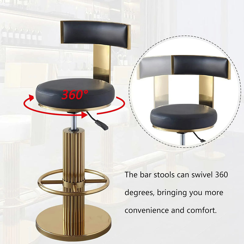 Gold Bar Stool - Black Leather Adjustable Height