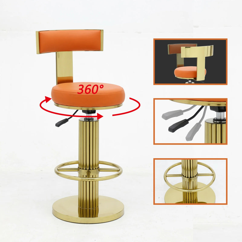 Gold Bar Stool with Orange Leather | Adjustable Height