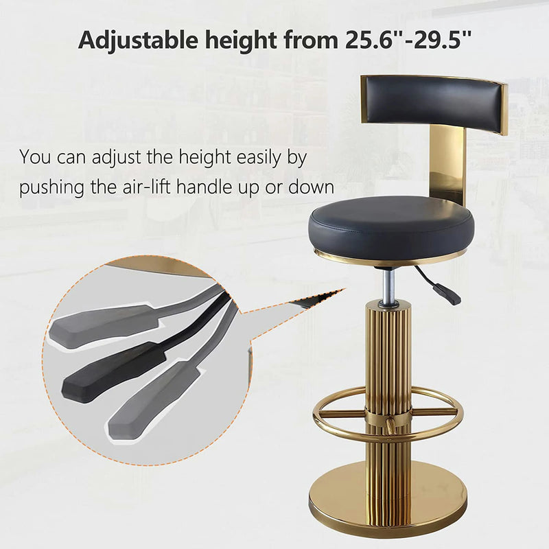 Gold Bar Stool - Black Leather Adjustable Height