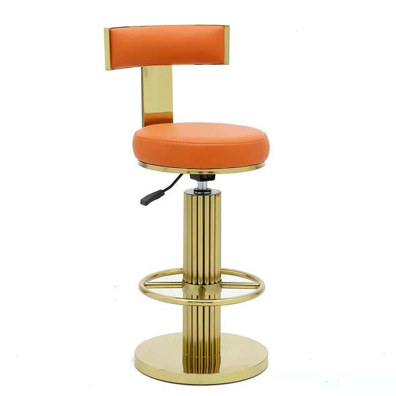 Gold Bar Stool with Orange Leather | Adjustable Height