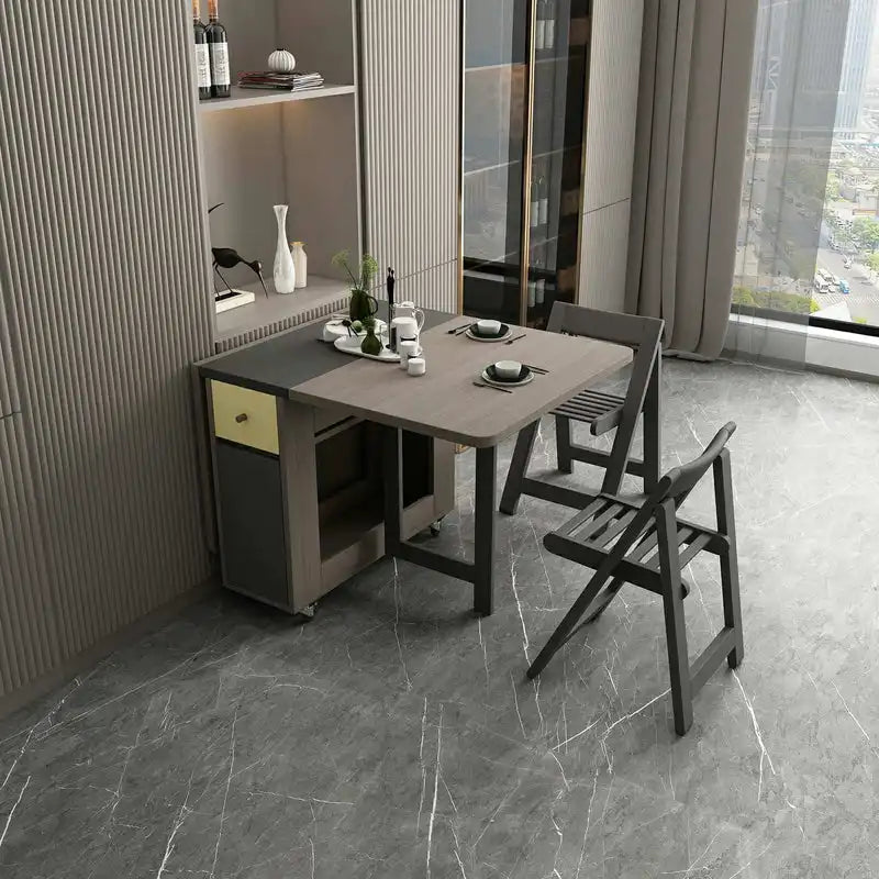 Grey Folding Dining Table w/ Storage | Extendable Space Saver