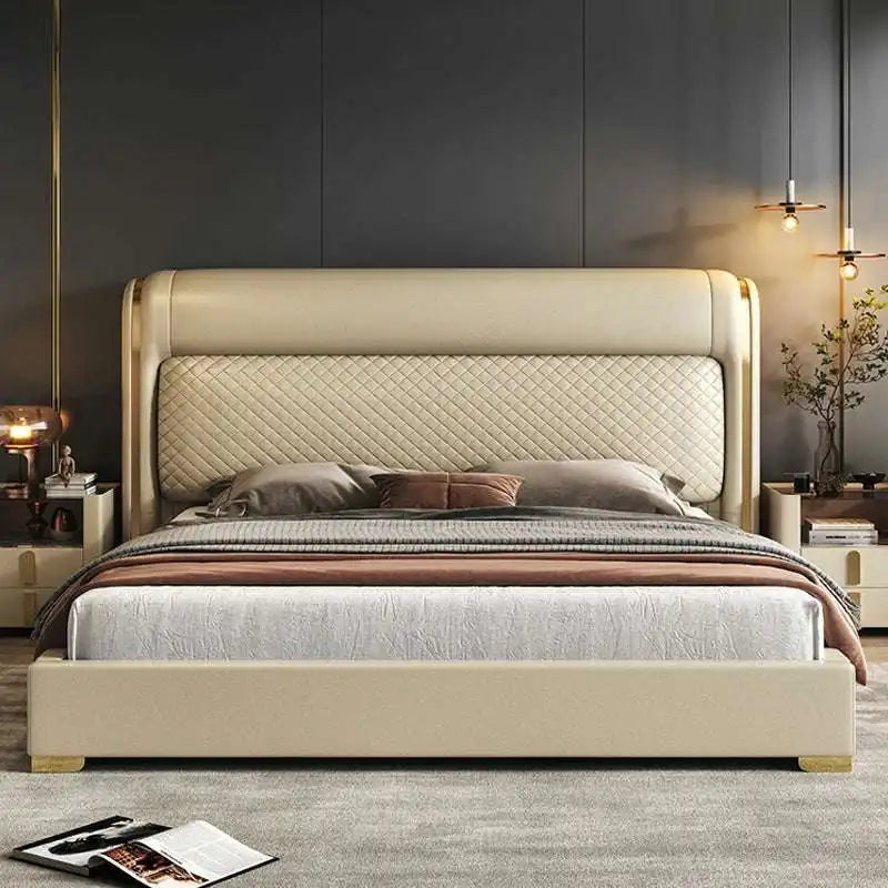Beige Quilted Headboard Bed - Upholstered Frame