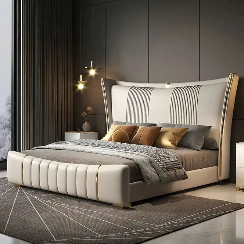 Luxury Wingback Bed - Gold & Cream Faux Leather Design