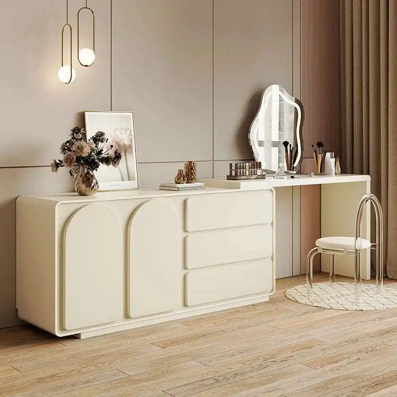FUNROLUX Modern Champagne Dresser Vanity Set Extendable Desk Vanity Combo Chair & Light