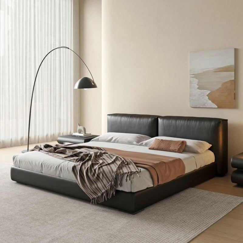 Black Leather Bed Frame with Cushioned Headboard