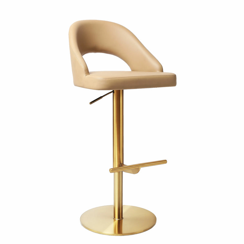 Caramel Leather Bar Stool - Adjustable Height, Gold Base