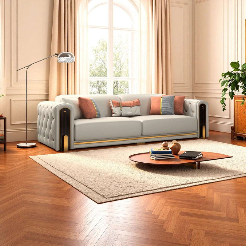 Luxury Leather Sofa with Gold Accents & Pillows