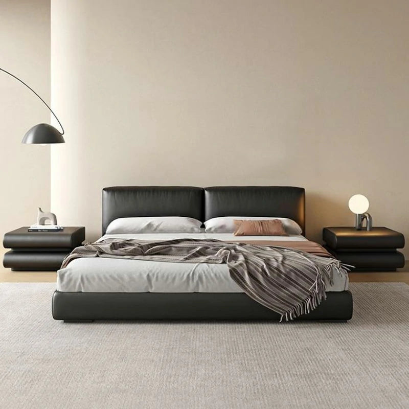 Black Leather Bed Frame with Cushioned Headboard
