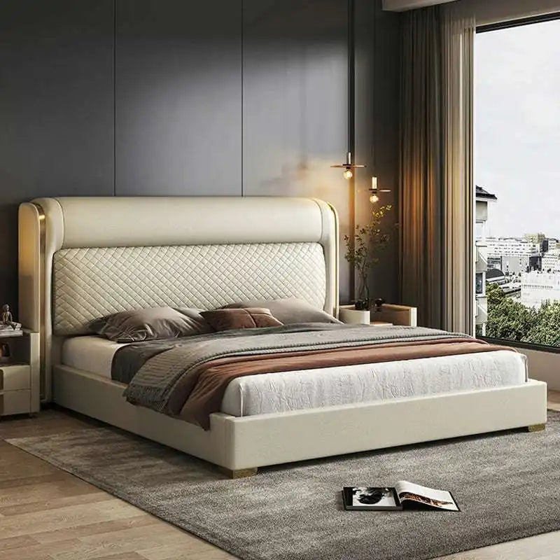 Beige Quilted Headboard Bed - Upholstered Frame