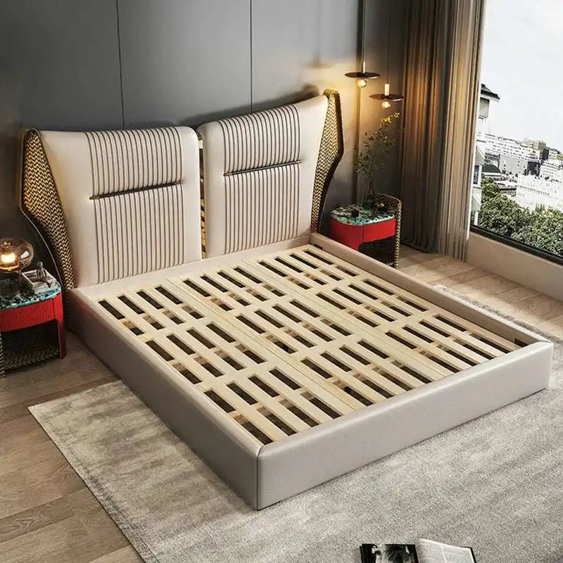 Wingback King Bed: Modern Leather Bed Frame, Elegant Design