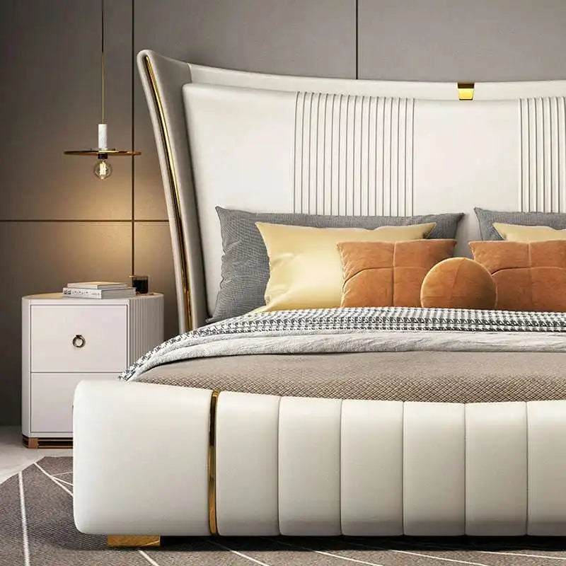 Luxury Wingback Bed - Gold & Cream Faux Leather Design