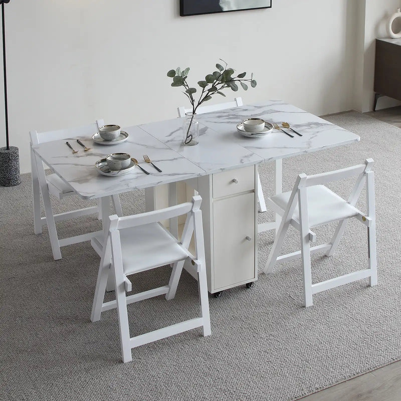 Modern Foldable Marble Dining Table with Storage & Wheels
