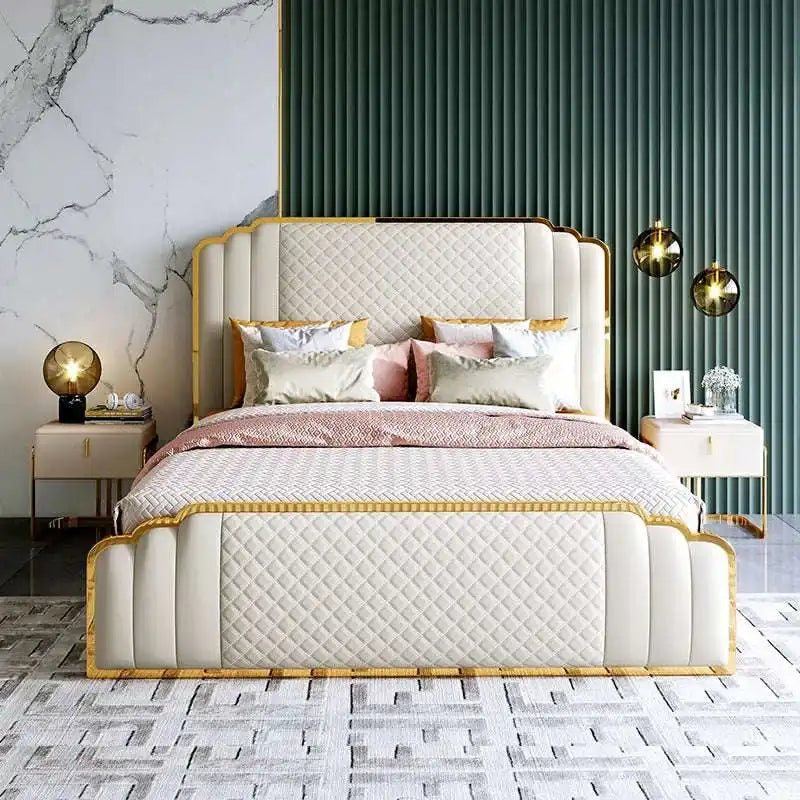 Luxury King Bed with Gold Trim & Quilted Headboard