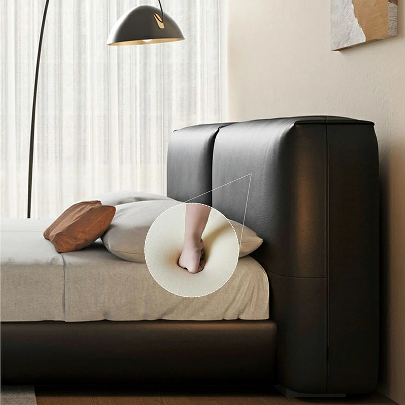 Black Leather Bed Frame with Cushioned Headboard