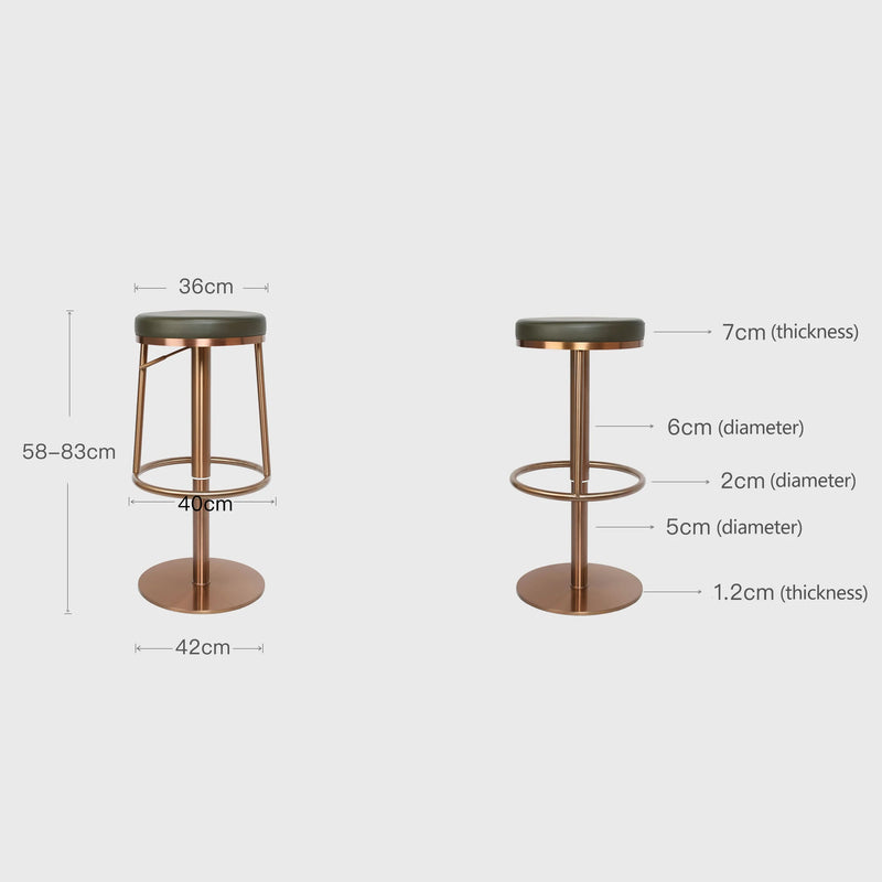 ackless Adjustable Bar Stool with Green Leather Seat and Brushed Gold Frame