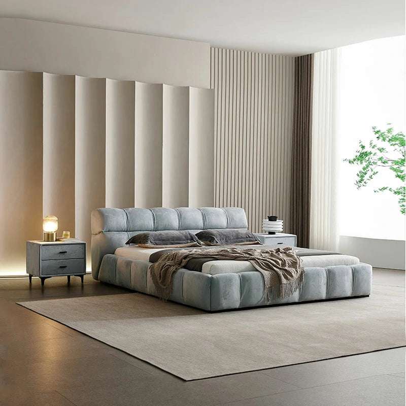 Gray Velvet Platform Bed – Tufted Headboard