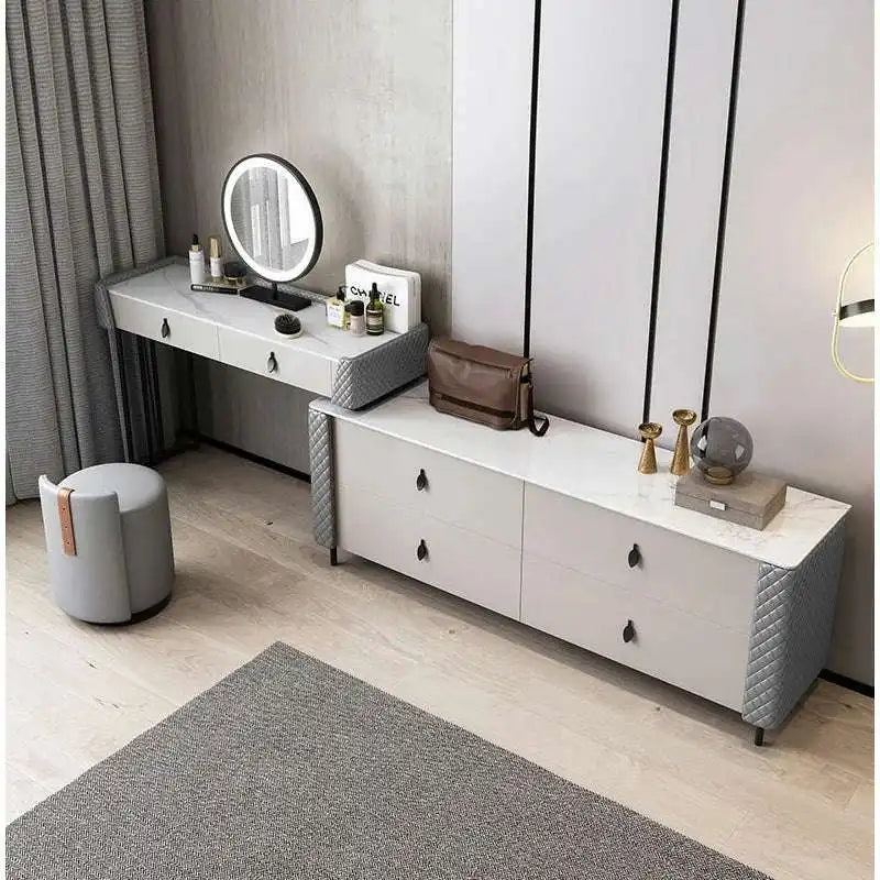 Modern Dresser Vanity Set Extendable Desk Vanity Combo Stool & Light