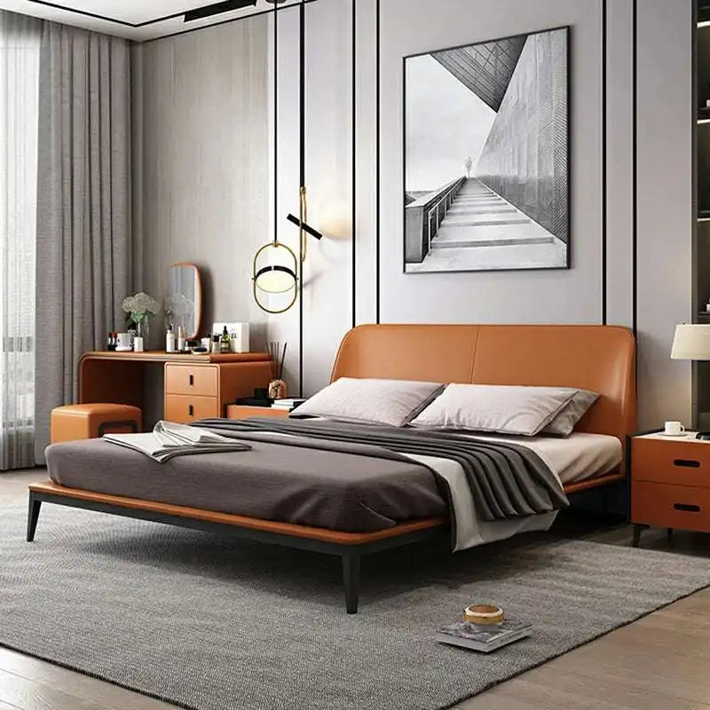 Faux Leather Platform Bed - Rust Brown - Modern Bed Frame