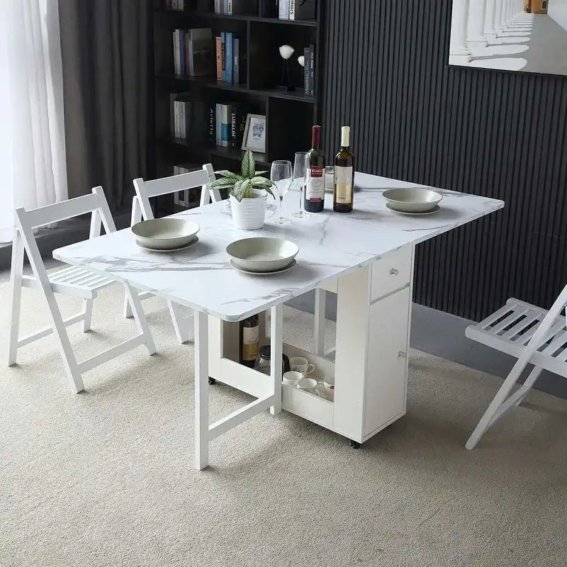 Extendable Marble-Top Folding Dining Table with Storage