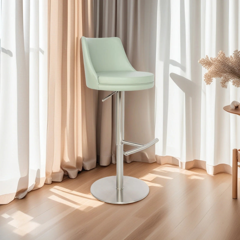 Modern Adjustable Swivel Bar Stool with Brushed Stainless Steel Base and Mint Green Leather Seat