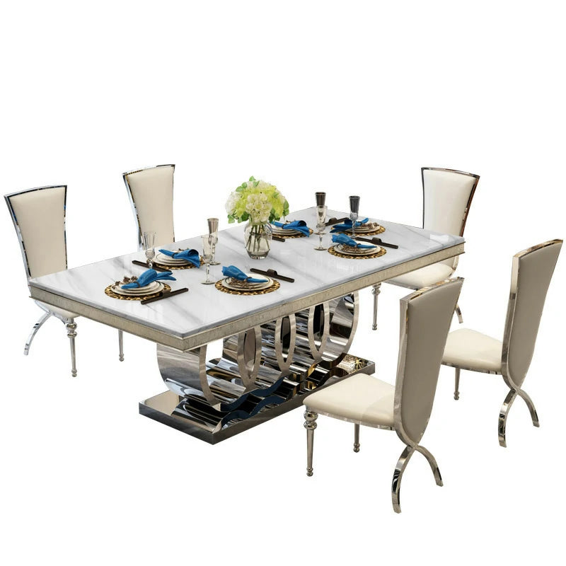 Modern Luxury Marble Top Dining Table with Textured Metal Base
