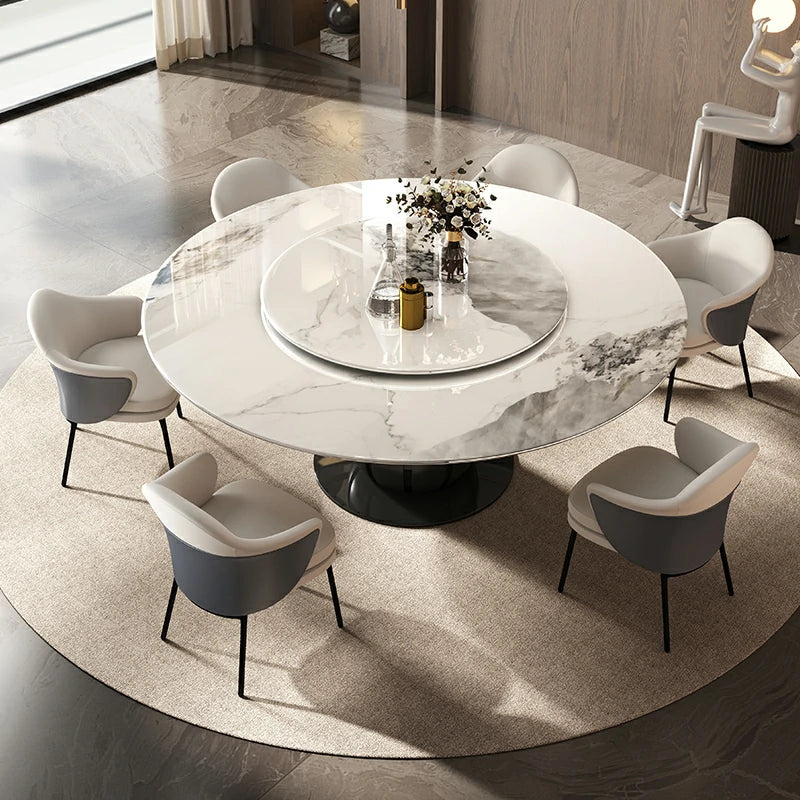 Round Extendable Marble Dining Table with Black Metal Base