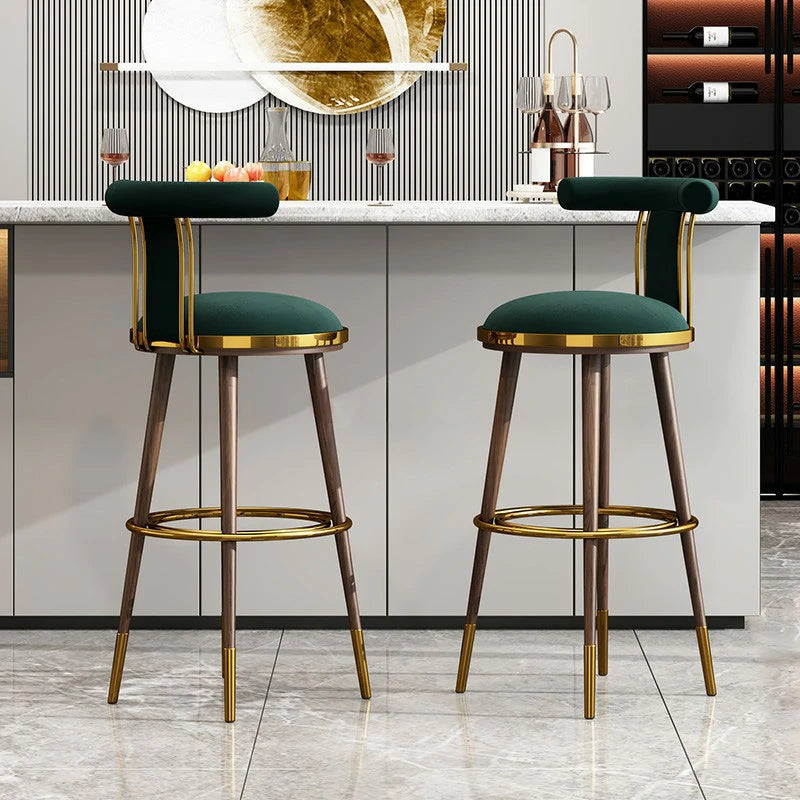 Luxury Modern Bar Stools – Green Velvet with Gold Accents & Walnut Legs