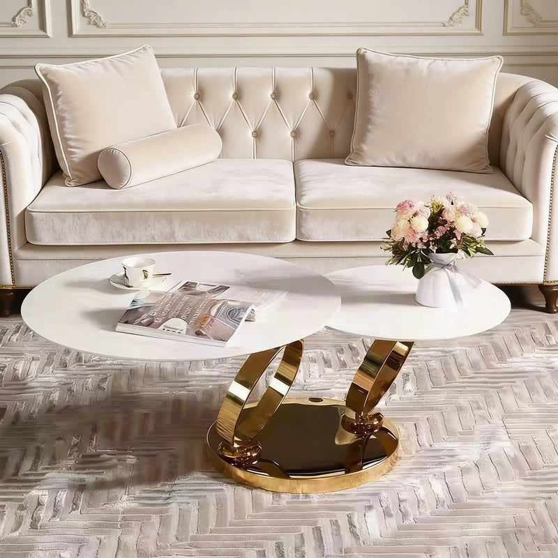 Modern 2-Tier Round Coffee Table with sintered stone Top & Metal Base