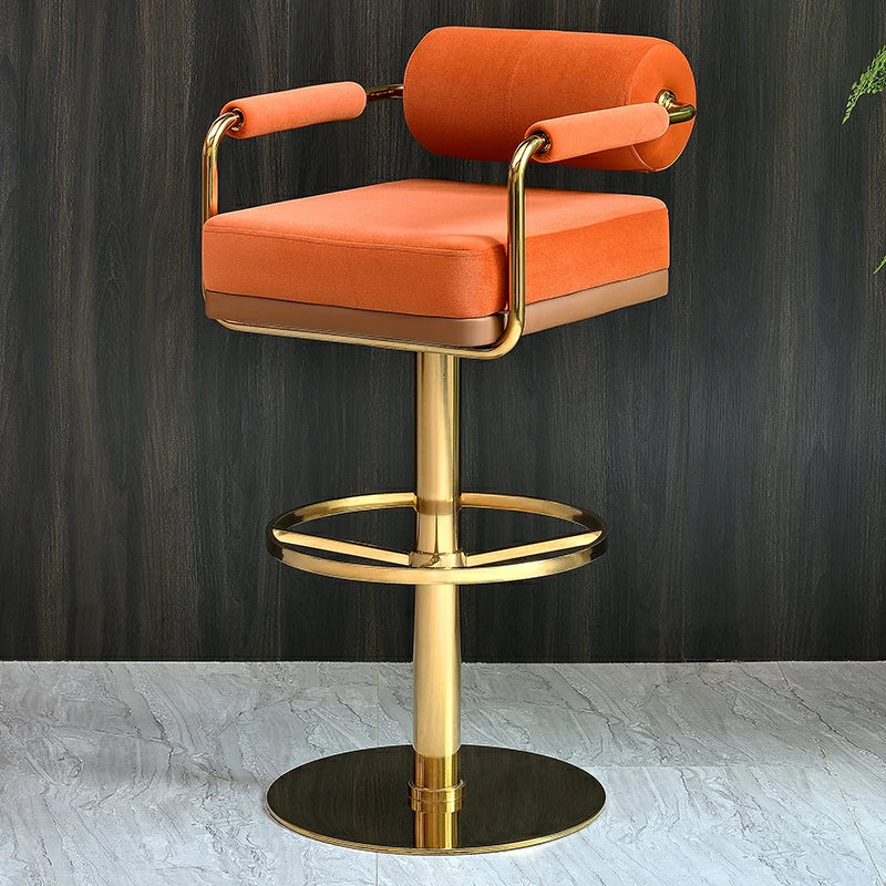 Modern Velvet Bar Stool with Gold Stainless Steel Base – Swivel Adjustable Counter Chair in Burnt Orange