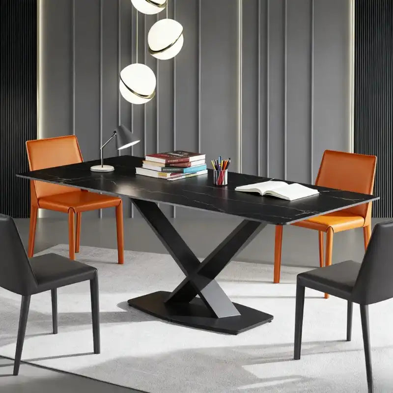 Black Modern Dining Table - X-Base | Sleek Dining for 6 55“L*31“W