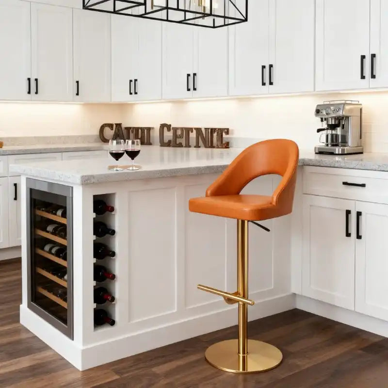 Caramel Leather Bar Stool - Adjustable Height, Gold Base