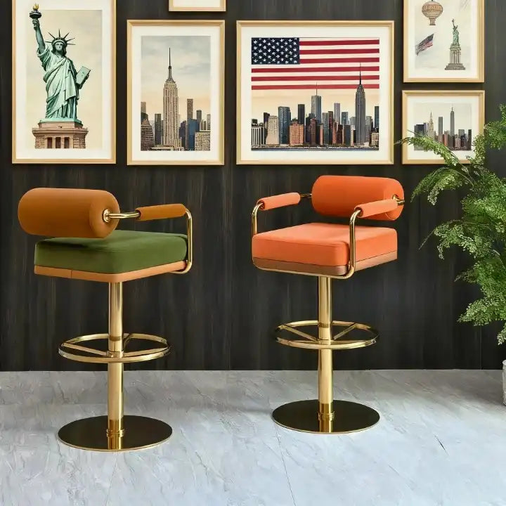 Burnt Orange Velvet Bar Stool - Gold Base & Swivel