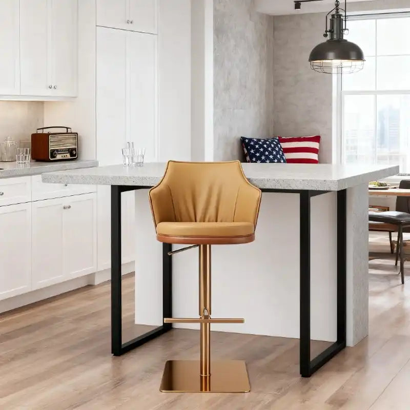 Caramel Leather Bar Stool – Adjustable Height Gold Base