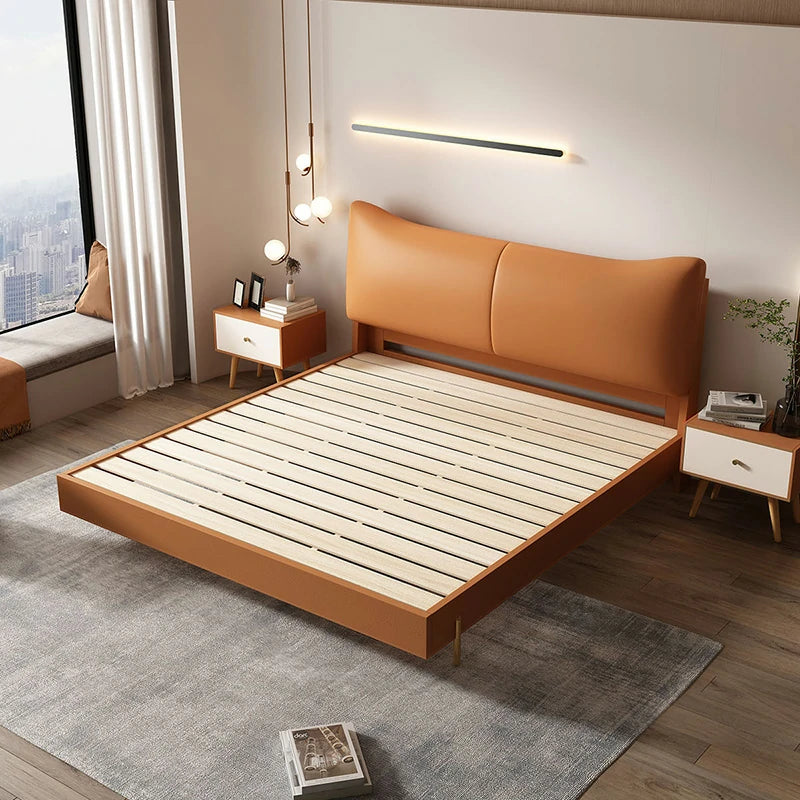 Caramel Leather Wingback Bed | Modern Platform Bed Frame