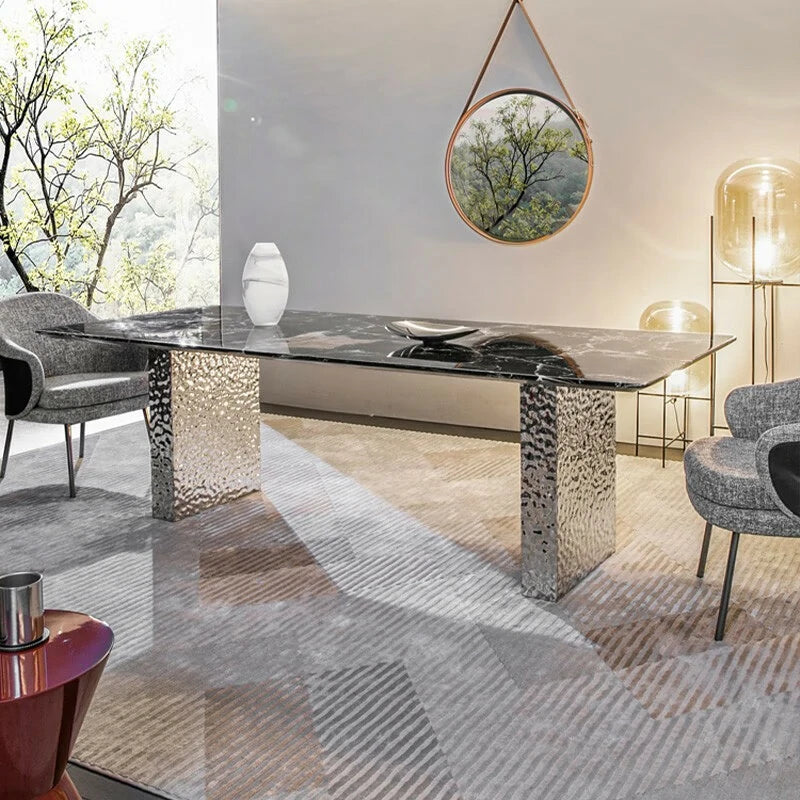 Marble Dining Table with Textured Metal Pedestal Base