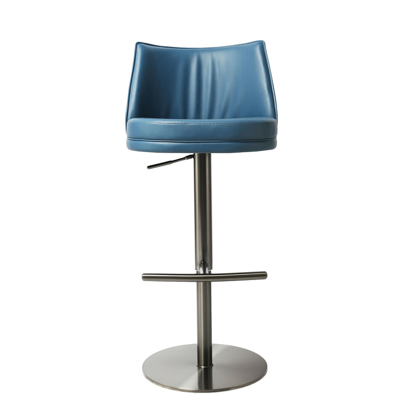 Modern Blue Leather Adjustable Bar Stool with Brushed Stainless Steel Base