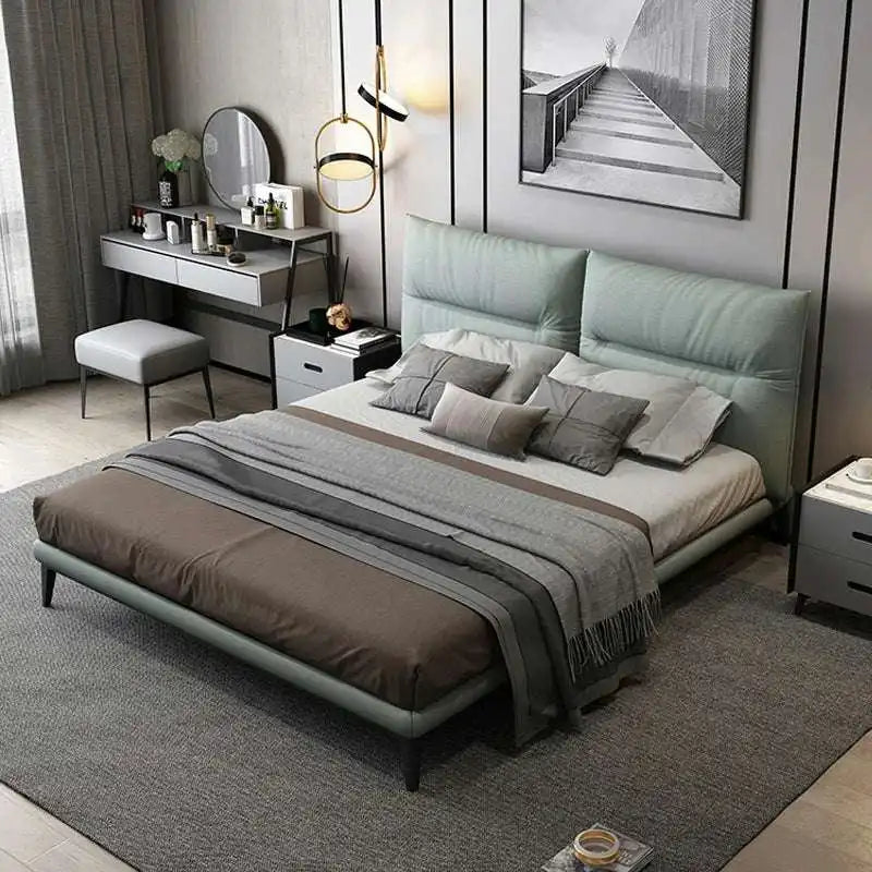 Green Fabric Bed | Modern Platform Bed with Wood Legs